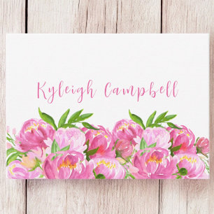 Carte De Correspondance Pivoines roses à l'aquarelle personnalisées / Élég