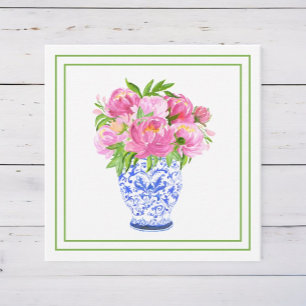 Carte De Correspondance Pivoines roses dans un vase de chinoiserie avec bo
