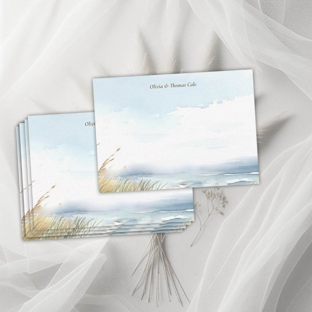 Carte De Correspondance Plage sauvage clôture Océan Grass Stripe Mariage C (wild beach wedding couple note card dreamy watercolor ocean fence grass nature formal modern classic)