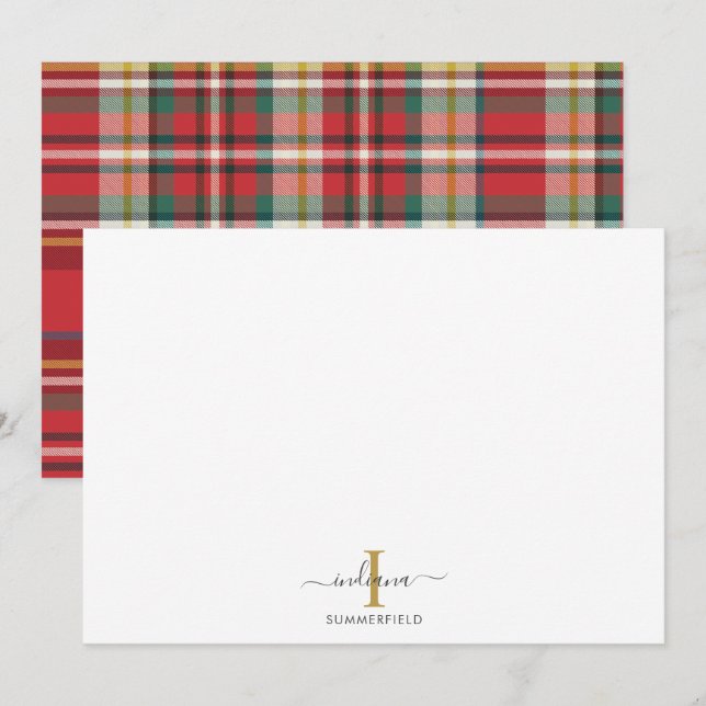 Carte De Correspondance Plaid Monogramme Initial Nom Vacances Écriture Rus (Devant / Derrière)