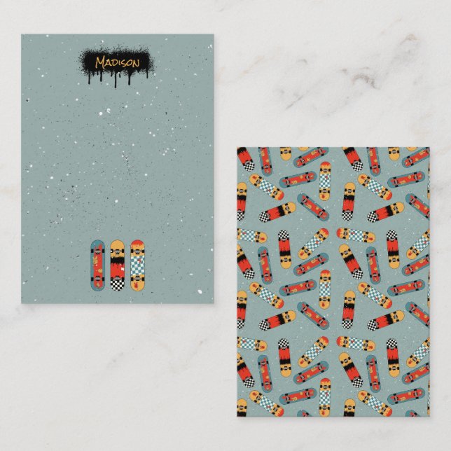 Carte De Correspondance Planche à roulettes Rétro Bleue Nom Personnalisé E (Devant / Derrière)