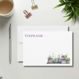 Carte De Correspondance Plante et livre à l'aquarelle violette et verte