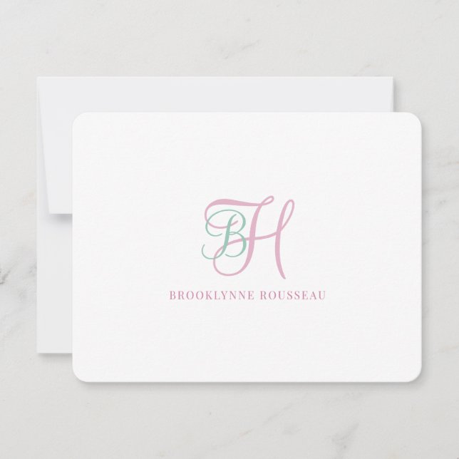 Carte de correspondance plate à monogramme rose bl (Devant)