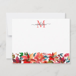 Carte De Correspondance Poinsettia Rouge Monogramme Floral de Noël Fêtes