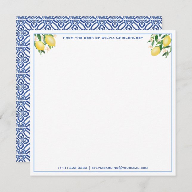 Carte De Correspondance Positano Lemons Carreaux Bleus Baby shower Merci (Devant / Derrière)