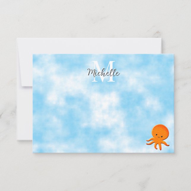 Carte De Correspondance Poulpe Bébé Mignon Aquarelle Bleue Monogramme Pers (Devant)