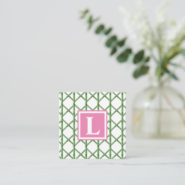 Carte De Correspondance Preppy Green Trellis Bamboo Motif Monogramme (Debout devant)