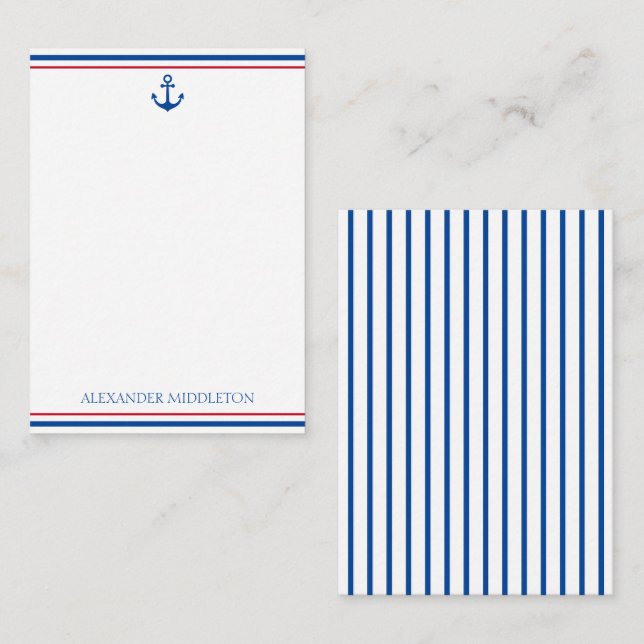 Carte De Correspondance Preppy Nautical Stripes et Ancre Personnalisé (Devant / Derrière)