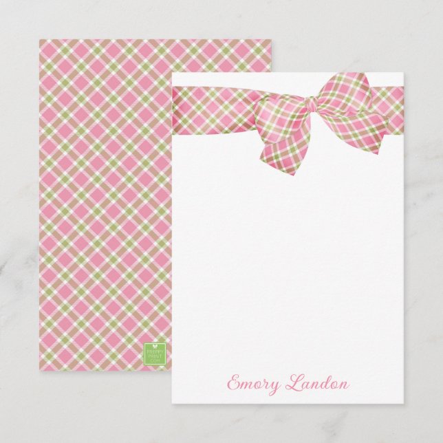 Carte De Correspondance Preppy Pink and Green Plaid Bow Personalized (Devant / Derrière)