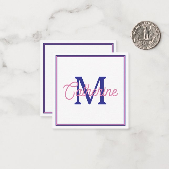Carte De Correspondance Preppy Pink and Navy Blue Simple Monogram (Devant/Arrière en situation)