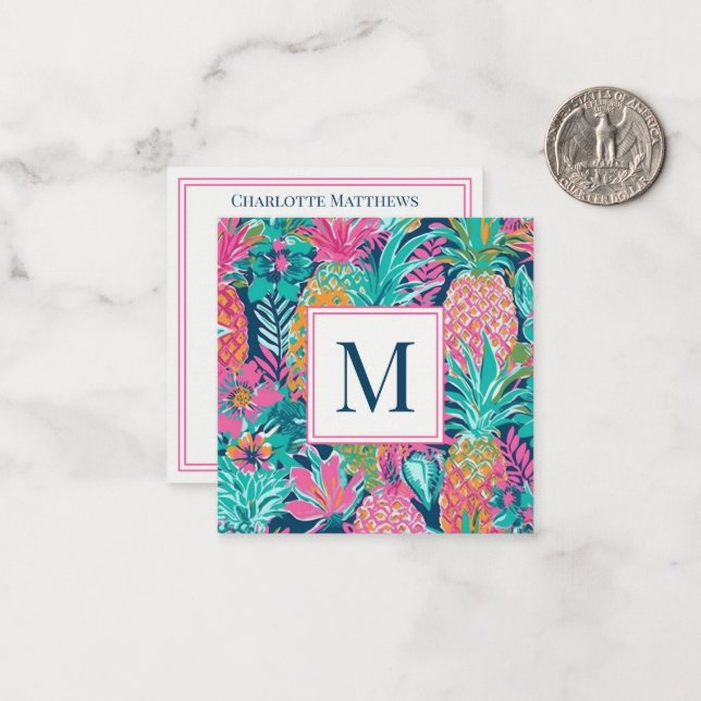 Carte De Correspondance Preppy Pink Teal Navy Blue Pineapple Monogram (Devant/Arrière en situation)