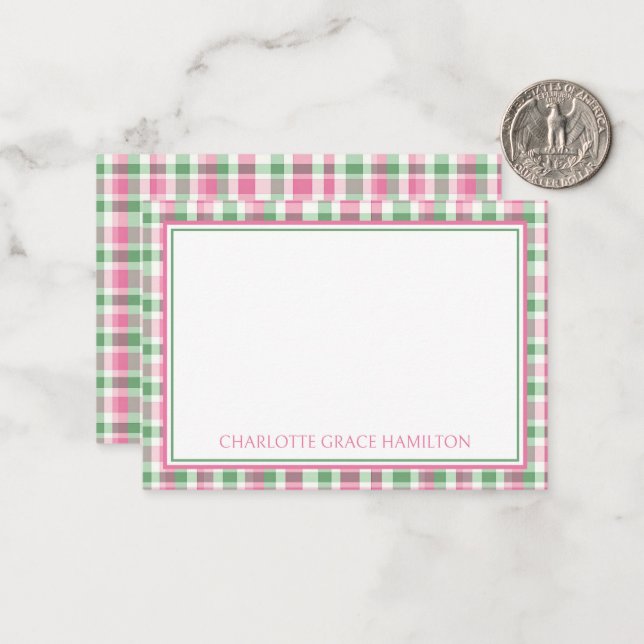Carte De Correspondance Preppy rose et vert Plaid Personnalisé (Devant/Arrière en situation)