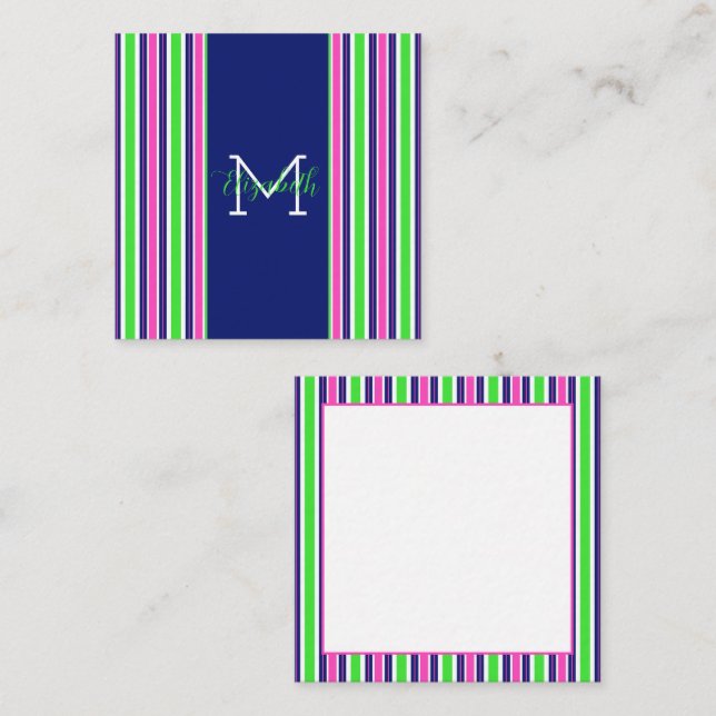 Carte De Correspondance Preppy rose Green Navy Bleu Stripe Monogramme (Devant / Derrière)