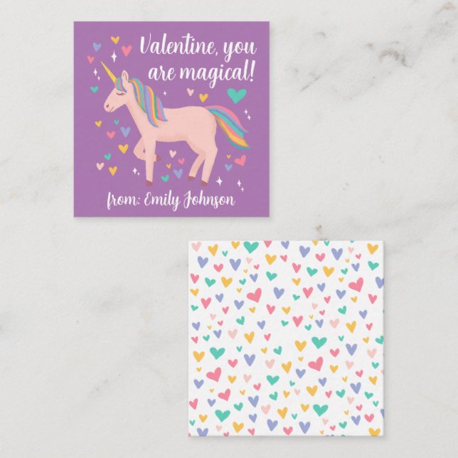 Carte De Correspondance Purple Magique Unicorn Enfants Classe Valentine (Devant / Derrière)