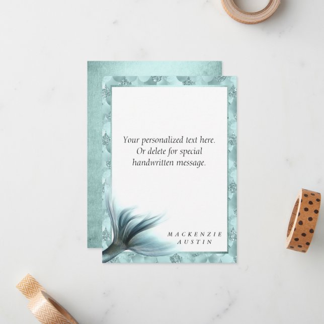 Carte De Correspondance Queue Mermaid Luxe | Seafoam Mint Green Aqua Custo (Devant/Arrière en situation)
