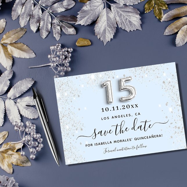 Carte De Correspondance Quinceanera bébé bleu argent enregistrer la date (Créateur téléchargé)