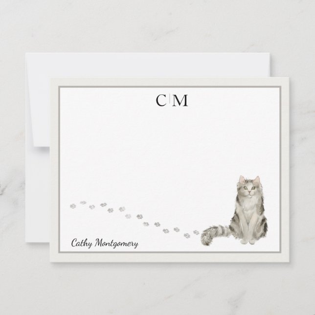 Carte De Correspondance Ragamuffin Chat Gris Bordure Monogramme Nom Fiche (Devant)