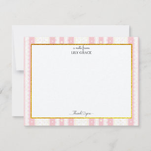 Carte De Correspondance Rayure rose et fleur blanche Cadre doré Merci