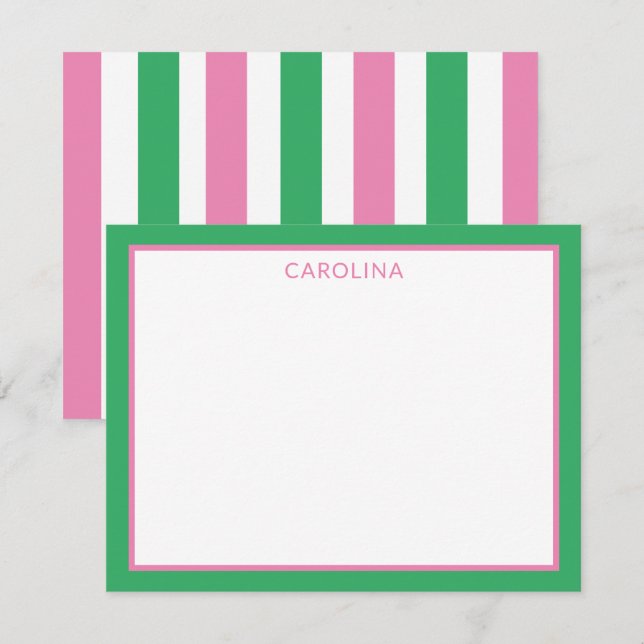 Carte De Correspondance Rayures Prépa Mignon Rose & Vert +Papeterie (Devant / Derrière)