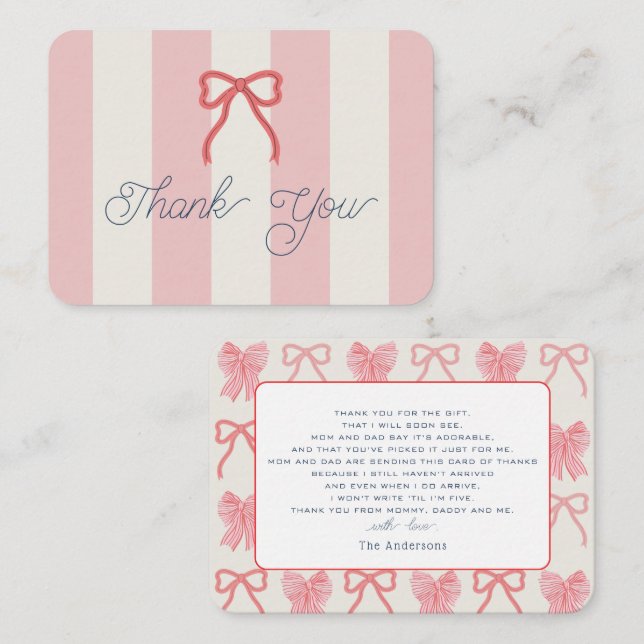 Carte De Correspondance Red Bow & Pink Stripes Baby Shower Thank You (Devant / Derrière)