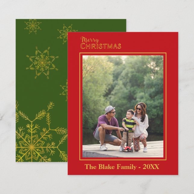 Carte De Correspondance Red Green Gold Family Photo Joyeux Noël (Devant / Derrière)