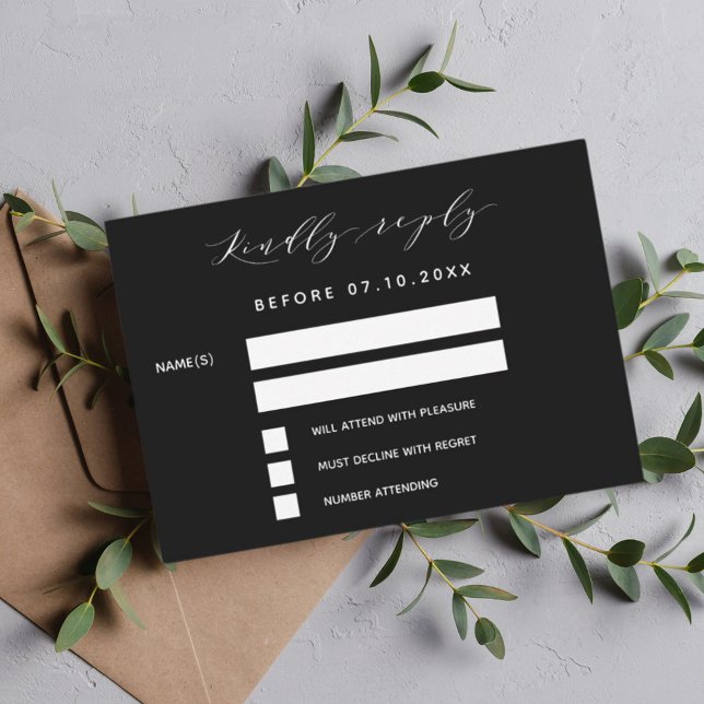 Carte De Correspondance Réponse de mariage moderne écriture noir blanc RSV (Créateur téléchargé)