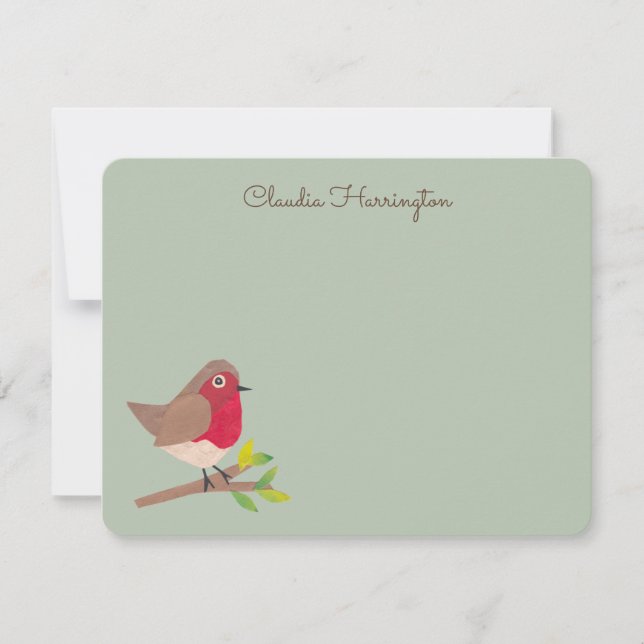Carte De Correspondance Retro Red Robin Hand-Illustrated Sage Green (Devant)
