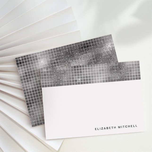 Carte De Correspondance Rétro Silver Grey Disco Ball Mirror | Monogramme (Glam, disco-inspired note cards)
