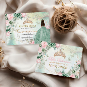 Carte De Correspondance Robe à paillettes vert sauge rose Quinceanera 15 a