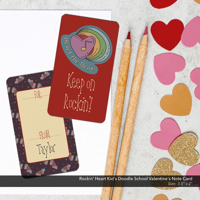 Carte De Correspondance Rockin' Heart Kid's Doodle School Valentine's (Heart the Beat and Keep on Rockin' Rainbow Doodle Art Kid's School/Classroom Valentine's Day Card)