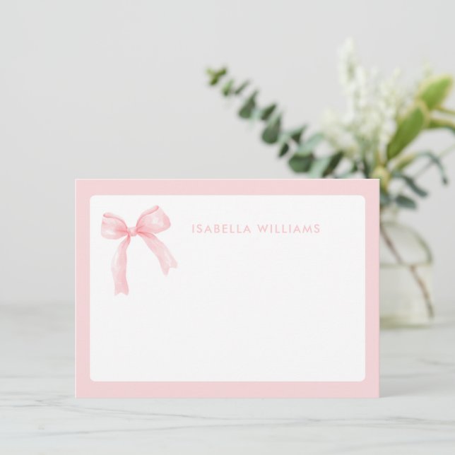 Carte de correspondance rose à ruban aquarelle (Debout devant)