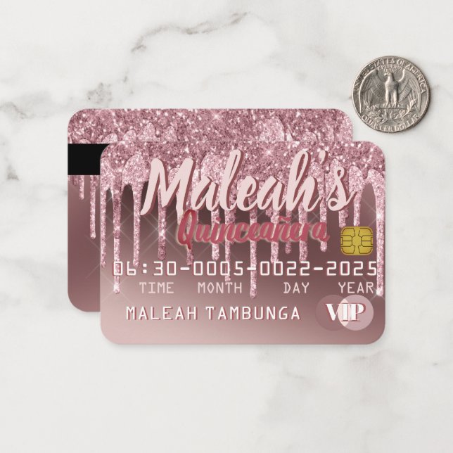 Carte De Correspondance Rose foncé Quinceañera Gold & Parties scintillant  (Devant/Arrière en situation)