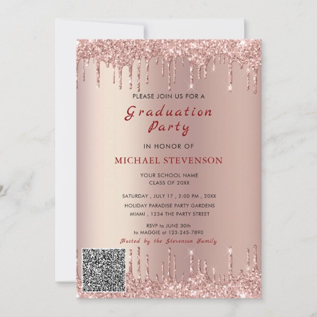 Carte De Correspondance Rose Gold Parties scintillant QR Code Graduation I (Devant)