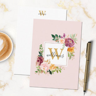 Carte De Correspondance Roses aquarelles à monogramme or fleur floral