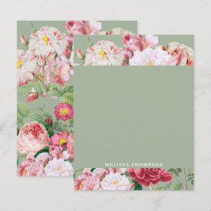 Carte De Correspondance Roses botaniques vintages vert et rose