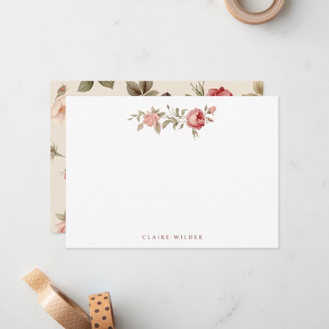 Carte De Correspondance Roses roses élégantes - Ajouter un nom/un monogram (Devant/Arrière en situation)