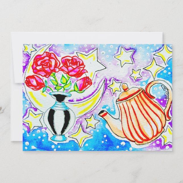 Carte De Correspondance Roses Rouges & Théière (Devant)