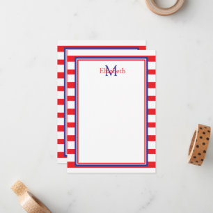 Carte De Correspondance Rouge et blanc avec des bandes bleues marine Monog
