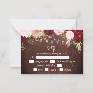 Carte De Correspondance RSSVP Burgundy Flower Mason Jar Lumières Postca