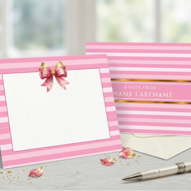 Carte De Correspondance Ruban à rayures roses et blanches et aquarelle (Créateur téléchargé)