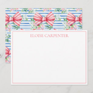 Carte De Correspondance Rubans et fleurs rayés rose et blanc Prépa