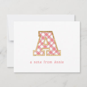 Carte De Correspondance Rustique & Preppy "A" rose En vichy sur Wood Girly