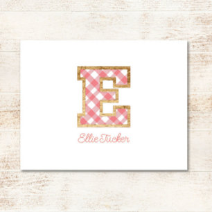 Carte De Correspondance Rustique & Preppy "E" En vichy rose sur Wood Girly