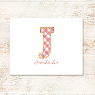 Carte De Correspondance Rustique & Preppy "J" En vichy rose sur Wood Girly