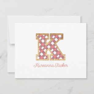 Carte De Correspondance Rustique & Preppy "K" En vichy rose sur Wood Girly