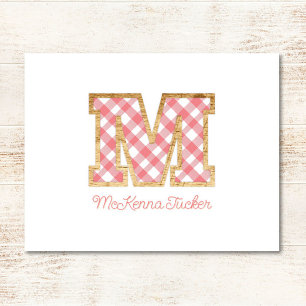Carte De Correspondance Rustique & Preppy "M" En vichy rose sur Wood Girly