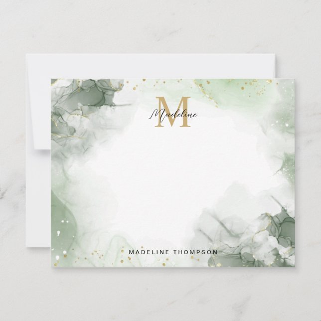 Carte De Correspondance Sage Green Gold Aquarelle Splash Script Monogramme (Devant)