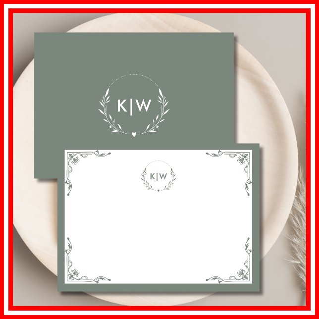 Carte De Correspondance Sage vert et blanc | Monogramme des initiales mode (Sage Green and White | Modern Initials Monogram Note Card)