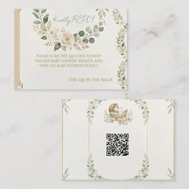 Carte De Correspondance Sage Vert & Floral Ivoire Code QR RSVP (Devant / Derrière)