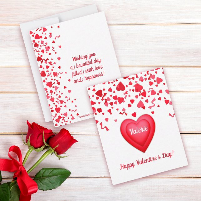 Carte De Correspondance Saint Valentin Amusants Coeurs de Confetti Rouge (Happy Valentine's Day Personalized Flat Note Card with fun red confetti hearts design
)